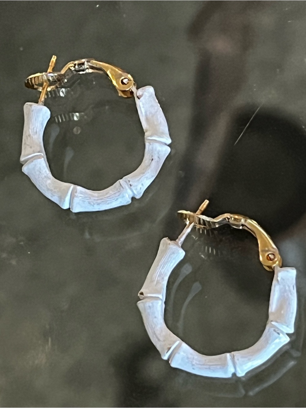 vtg Trifari 1” Gold & White Enamel Bamboo Hoop Earrings